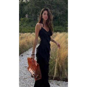 PETAL & PUP Ciao Ruffle Chiffon Gown in Black Size Large